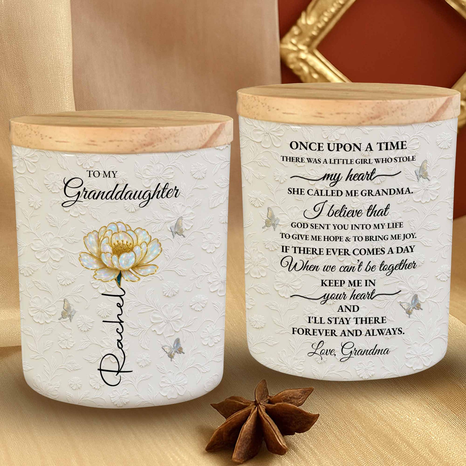 To My Granddaughter, Beautiful Glass Jar With Flower And Butterflies