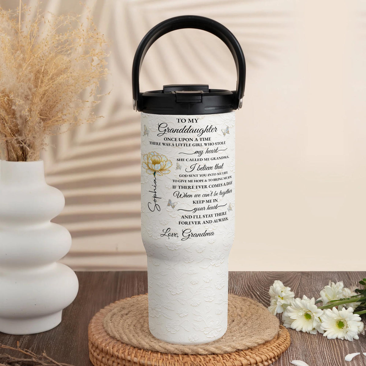 To My Granddaughter Once Upon A Time Flower Butterflies Floral Design - Personalized 30oz Tumbler With Handle - GDT389_TBH