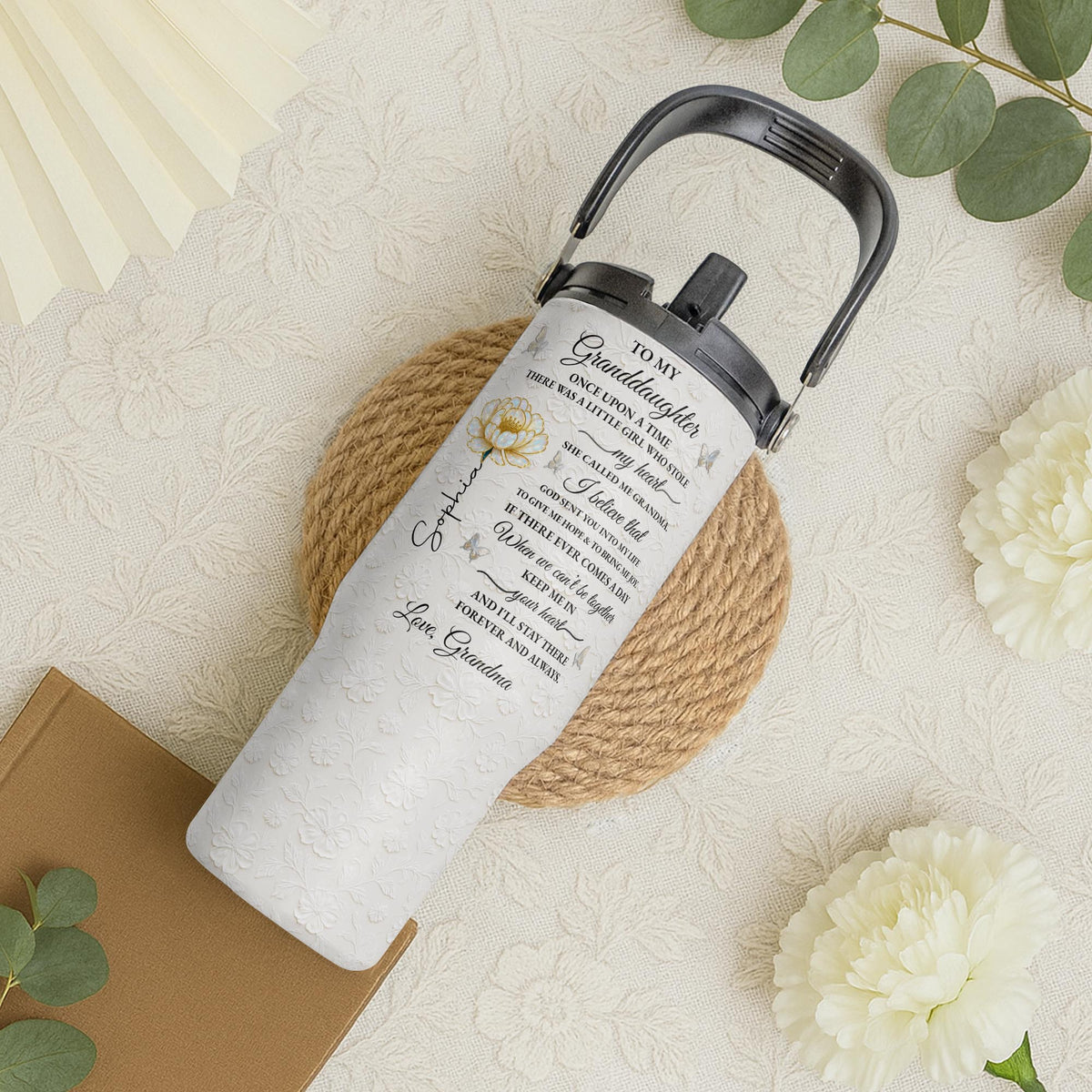 To My Granddaughter Once Upon A Time Flower Butterflies Floral Design - Personalized 30oz Tumbler With Handle - GDT389_TBH