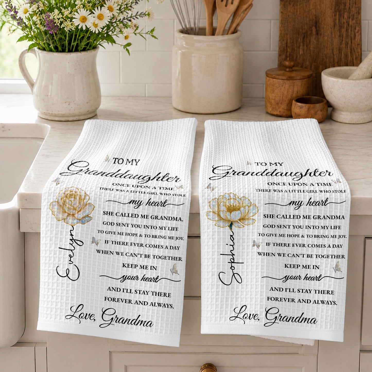 To My Granddaughter Once Upon A Time Flower And Butterfly - Personalized Kitchen Towel - GDT389_TOWL