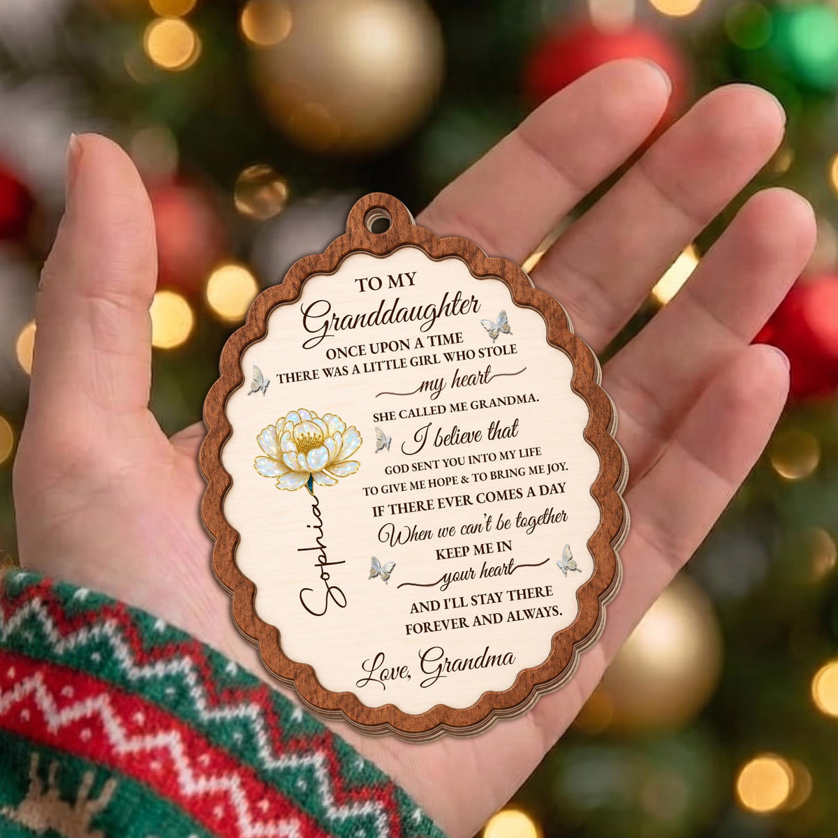 To My Granddaughter Once Upon A Time Flower Butterflies Wood Ornament - Personalized Custom Wood Ornament, Custom Shaped - GDT389_WDO