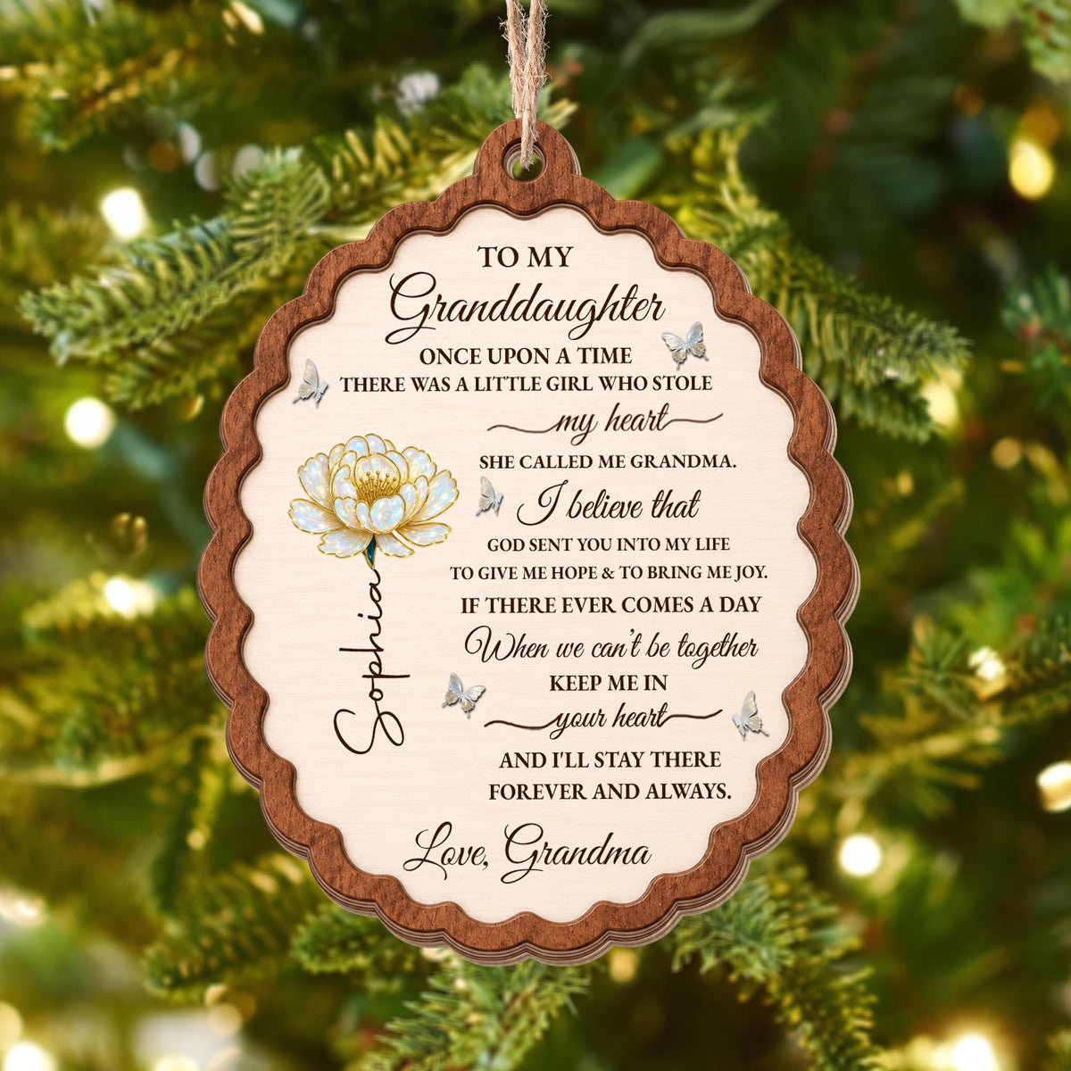 To My Granddaughter Once Upon A Time Flower Butterflies Wood Ornament - Personalized Custom Wood Ornament, Custom Shaped - GDT389_WDO
