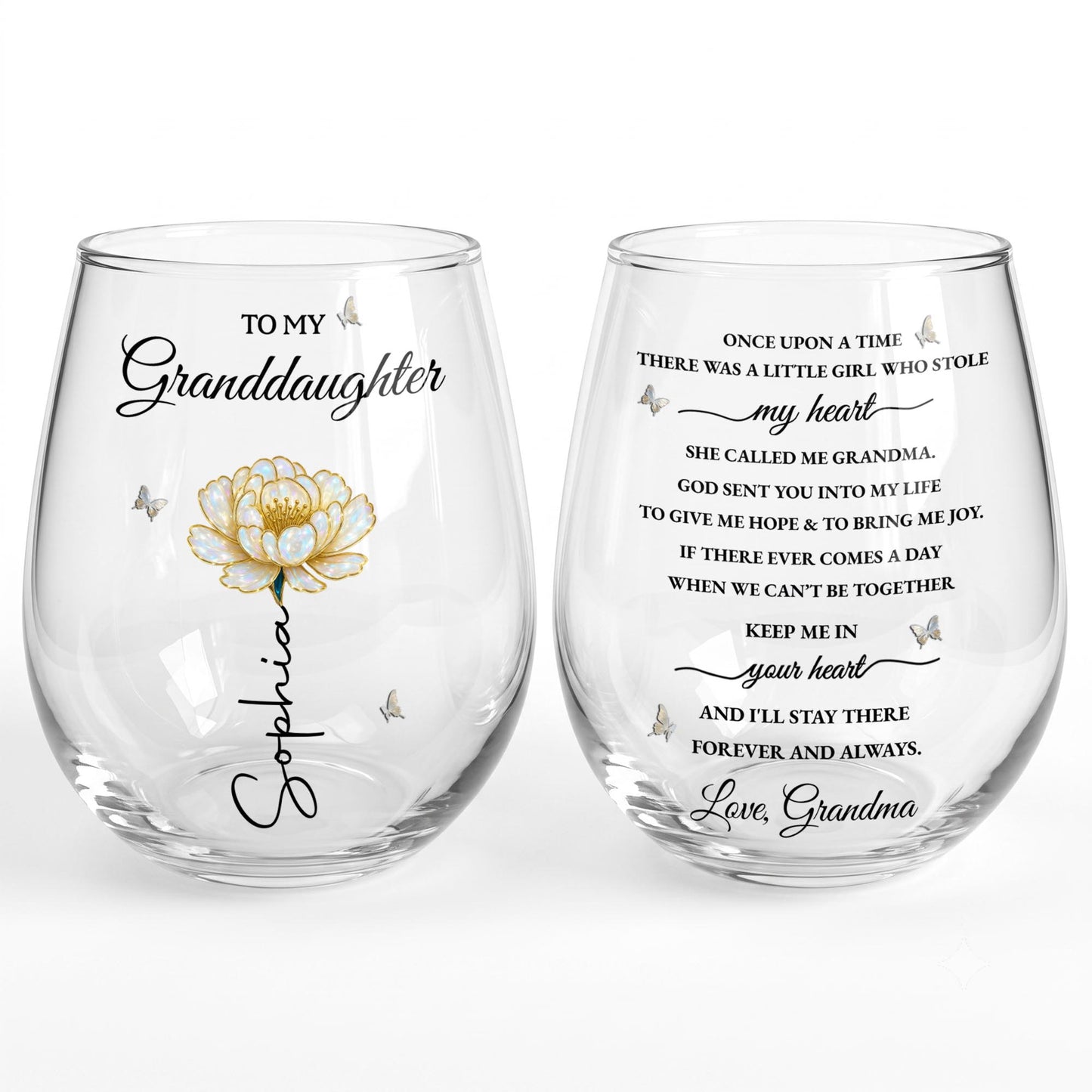 To My Granddaughter Once Upon A Time Birth Month Flower Butterflies - Personalized Stemless Wine Glass - GDT389_WIGL
