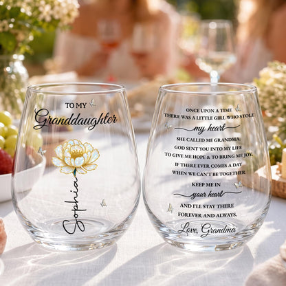 To My Granddaughter Once Upon A Time Birth Month Flower Butterflies - Personalized Stemless Wine Glass - GDT389_WIGL