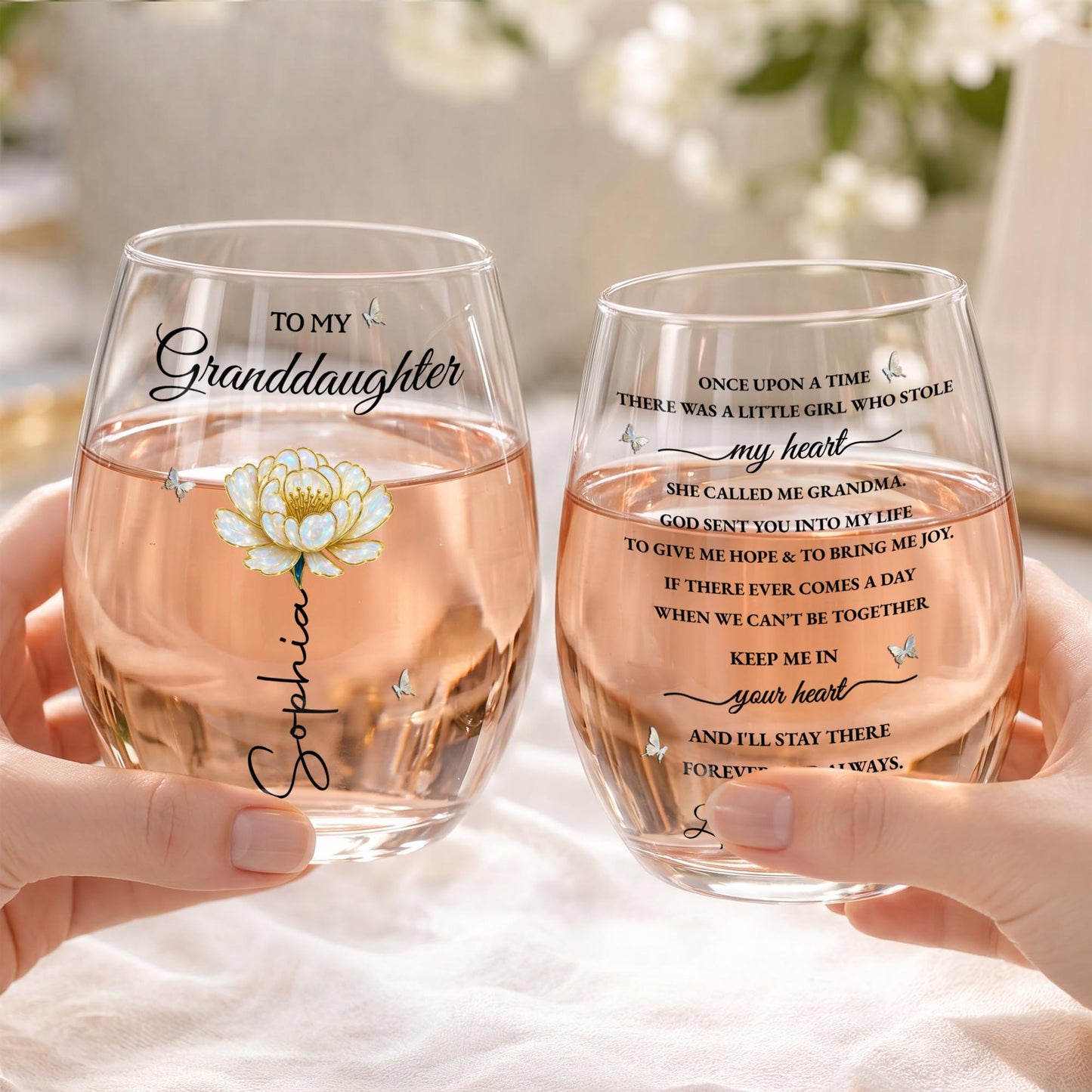 To My Granddaughter Once Upon A Time Birth Month Flower Butterflies - Personalized Stemless Wine Glass - GDT389_WIGL
