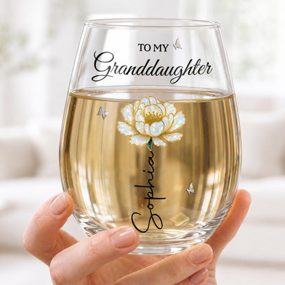 To My Granddaughter Once Upon A Time Birth Month Flower Butterflies - Personalized Stemless Wine Glass - GDT389_WIGL