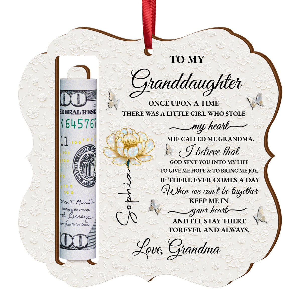 To My Granddaughter Once Upon A Time Flower And Butterflies - Personalized Wooden Money Holder Ornament - GDT389_WMOHO