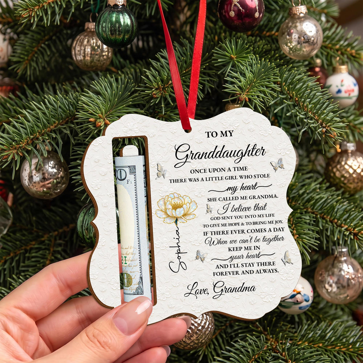 To My Granddaughter Once Upon A Time Flower And Butterflies - Personalized Wooden Money Holder Ornament - GDT389_WMOHO