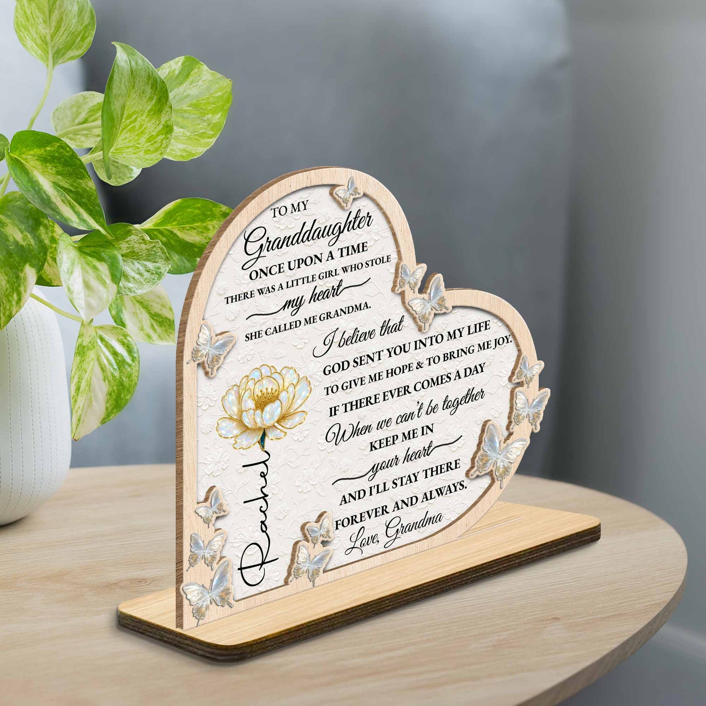 To My Granddaughter, Once Upon A Time, Butterfly And Flower - Personalized Custom 2-Layer Wood Plaque With Flat Base - GDT389_WPLA