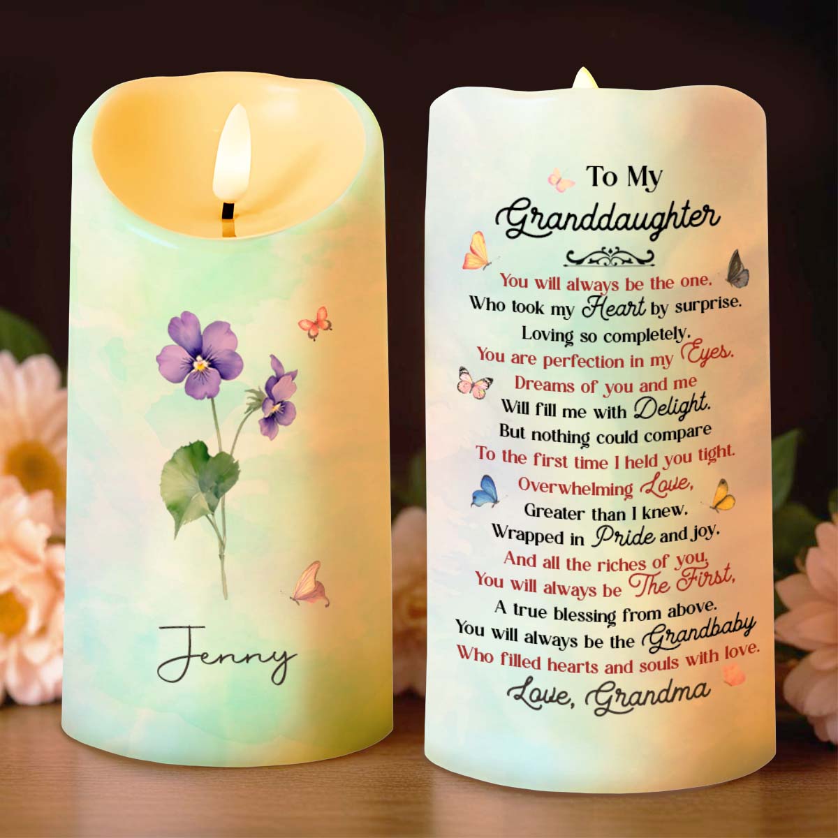 To My Granddaughter, Blessing from Above with Flowers and Butterflies - Personalized Custom LED Candle - GDT401_LECA