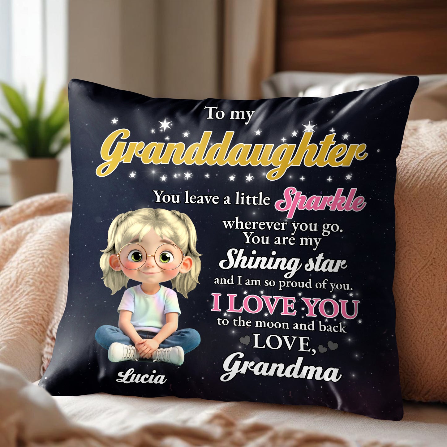To My Granddaughter, Sparkle and Stars - Personalized Custom Pillow, Insert Included - GDT401_PLW