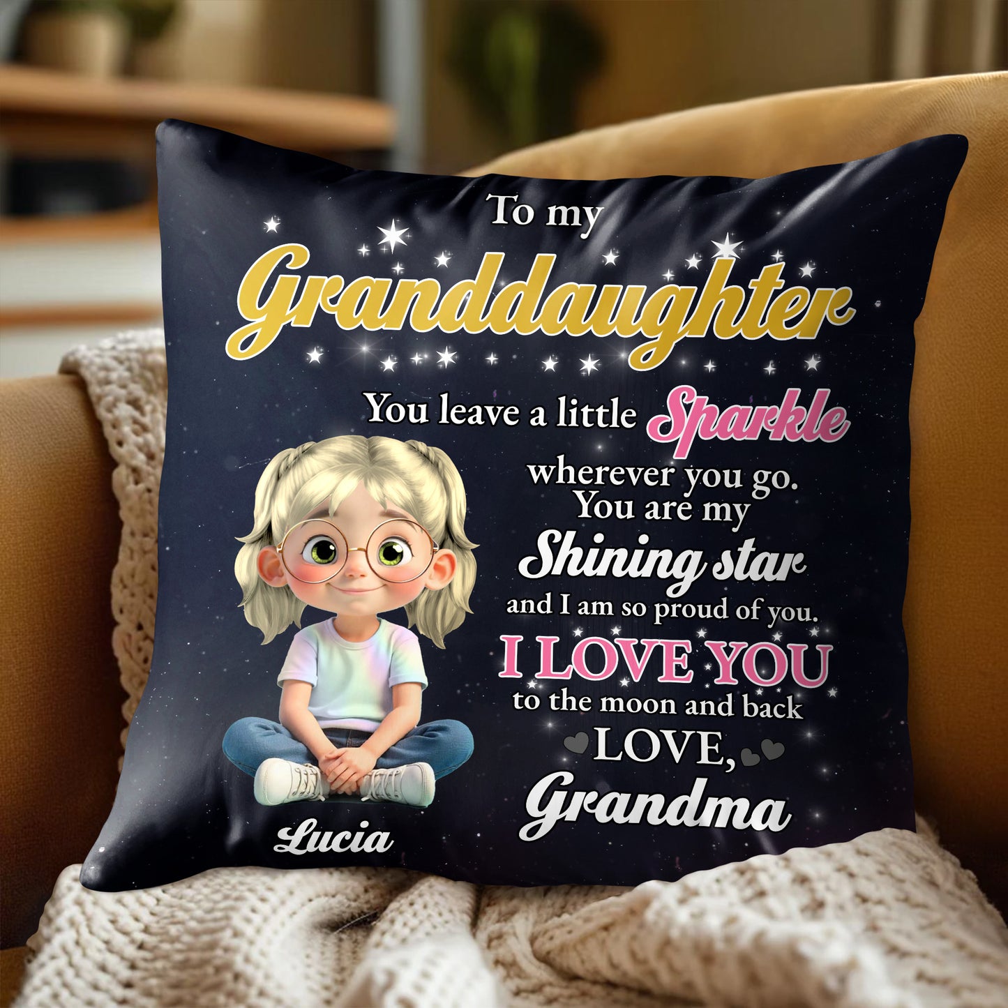 To My Granddaughter, Sparkle and Stars - Personalized Custom Pillow, Insert Included - GDT401_PLW