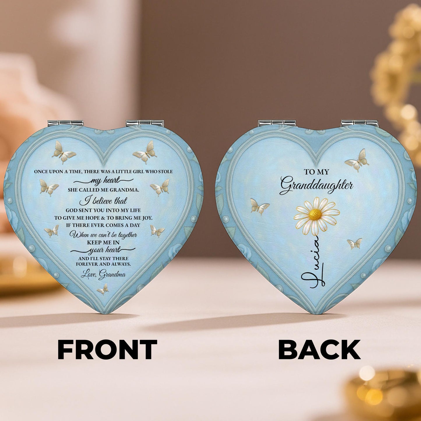 To My Granddaughter Daisy And Butterflies Heartfelt Message - Custom Heart Compact Mirror - GDT403_HCOM