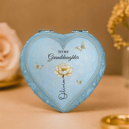 To My Granddaughter Daisy And Butterflies Heartfelt Message - Custom Heart Compact Mirror - GDT403_HCOM