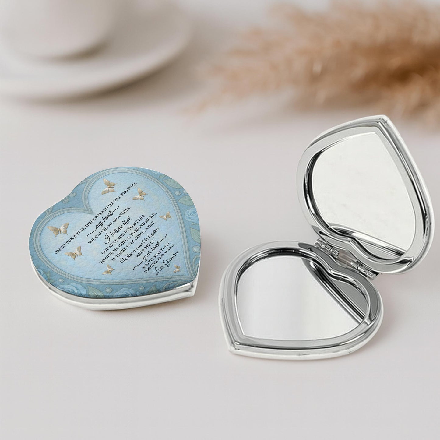 To My Granddaughter Daisy And Butterflies Heartfelt Message - Custom Heart Compact Mirror - GDT403_HCOM
