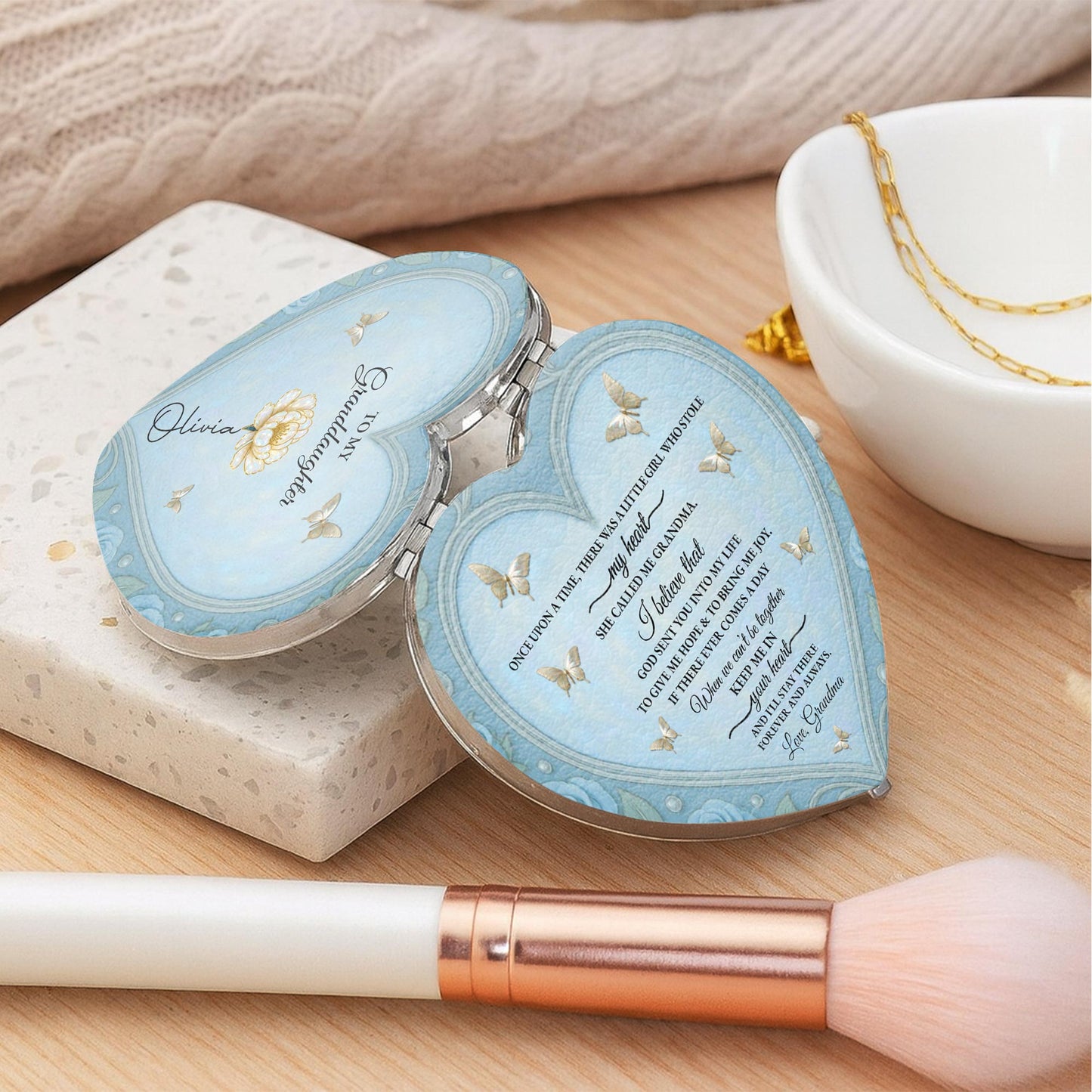 To My Granddaughter Daisy And Butterflies Heartfelt Message - Custom Heart Compact Mirror - GDT403_HCOM