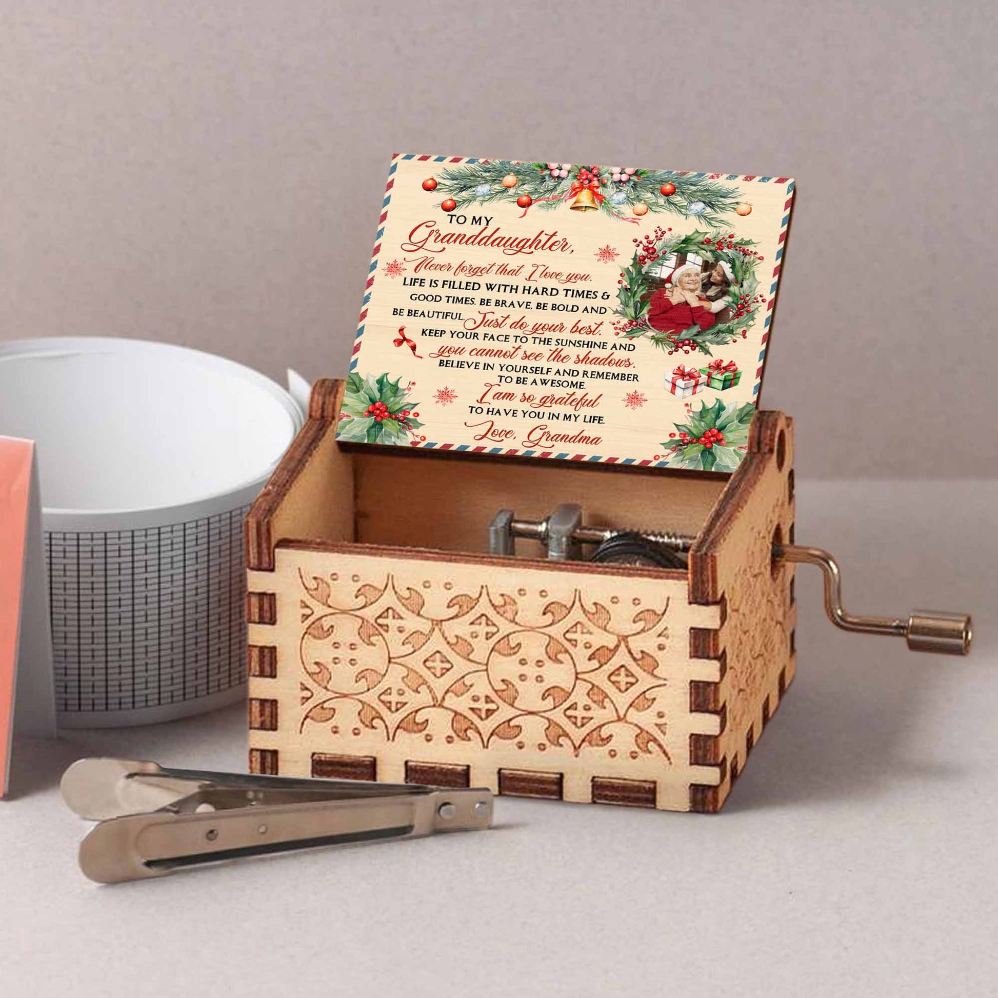 To My Granddaughter, Christmas Gifts And Holly Design