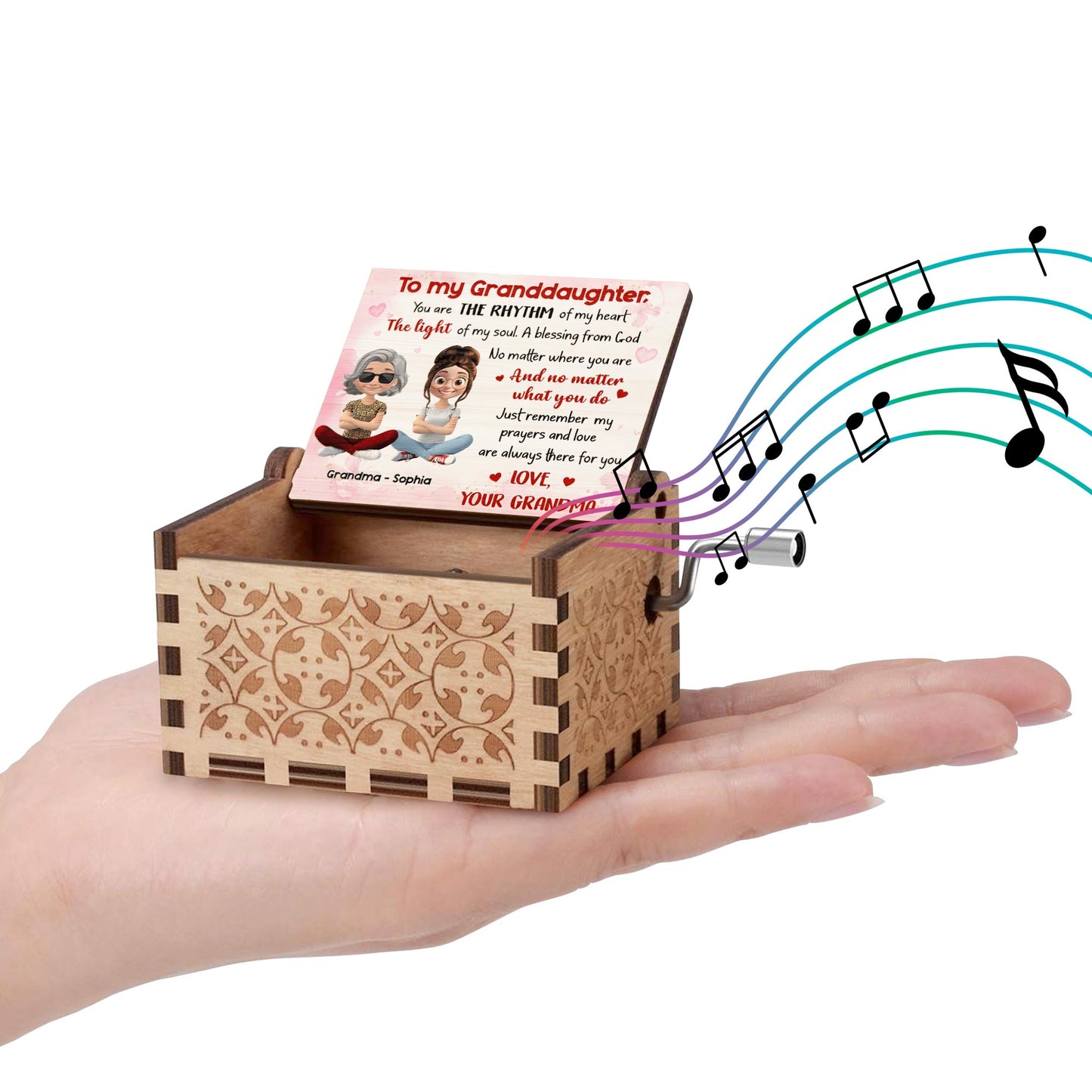 To My Granddaughter, A Blessing From God, Hearts, Grandma And Granddaughter - Custom Music Box With "We Wish You A Merry Christmas" Tune - GDT410_MZX