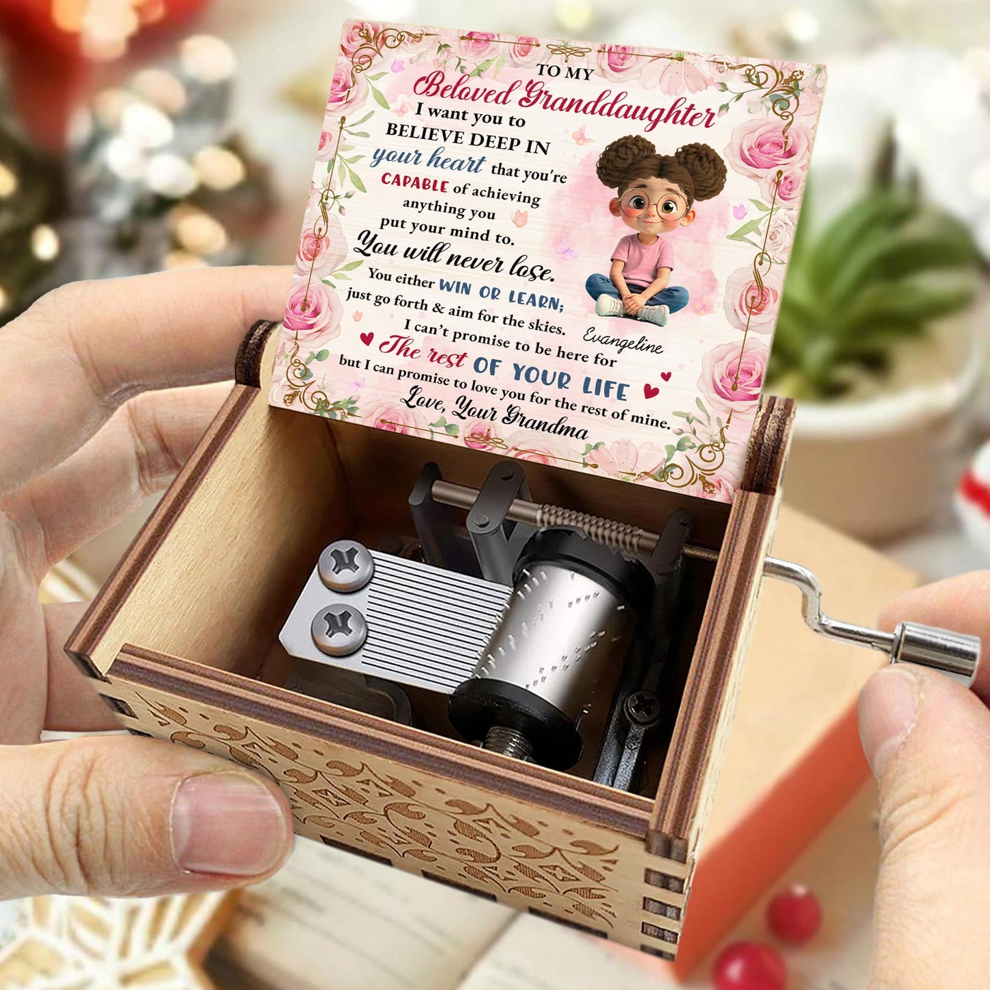 Beloved Granddaughter, Believe In Yourself, Flowers - Custom Music Box With "We Wish You A Merry Christmas" Tune - GDT422_MZX