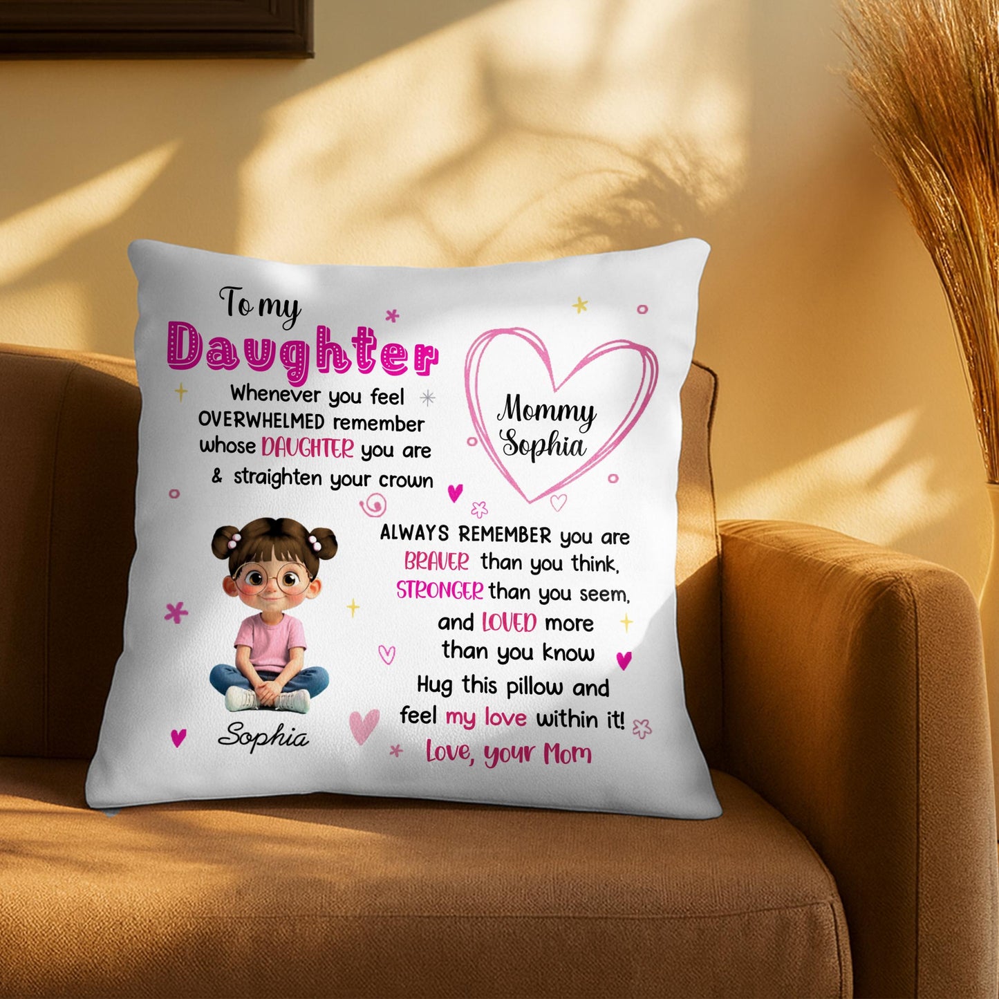 To My Granddaughter, Feel My Love, Heart and Cartoon Girl - Personalized Custom Pillow, Insert Included - GDT427_PLW