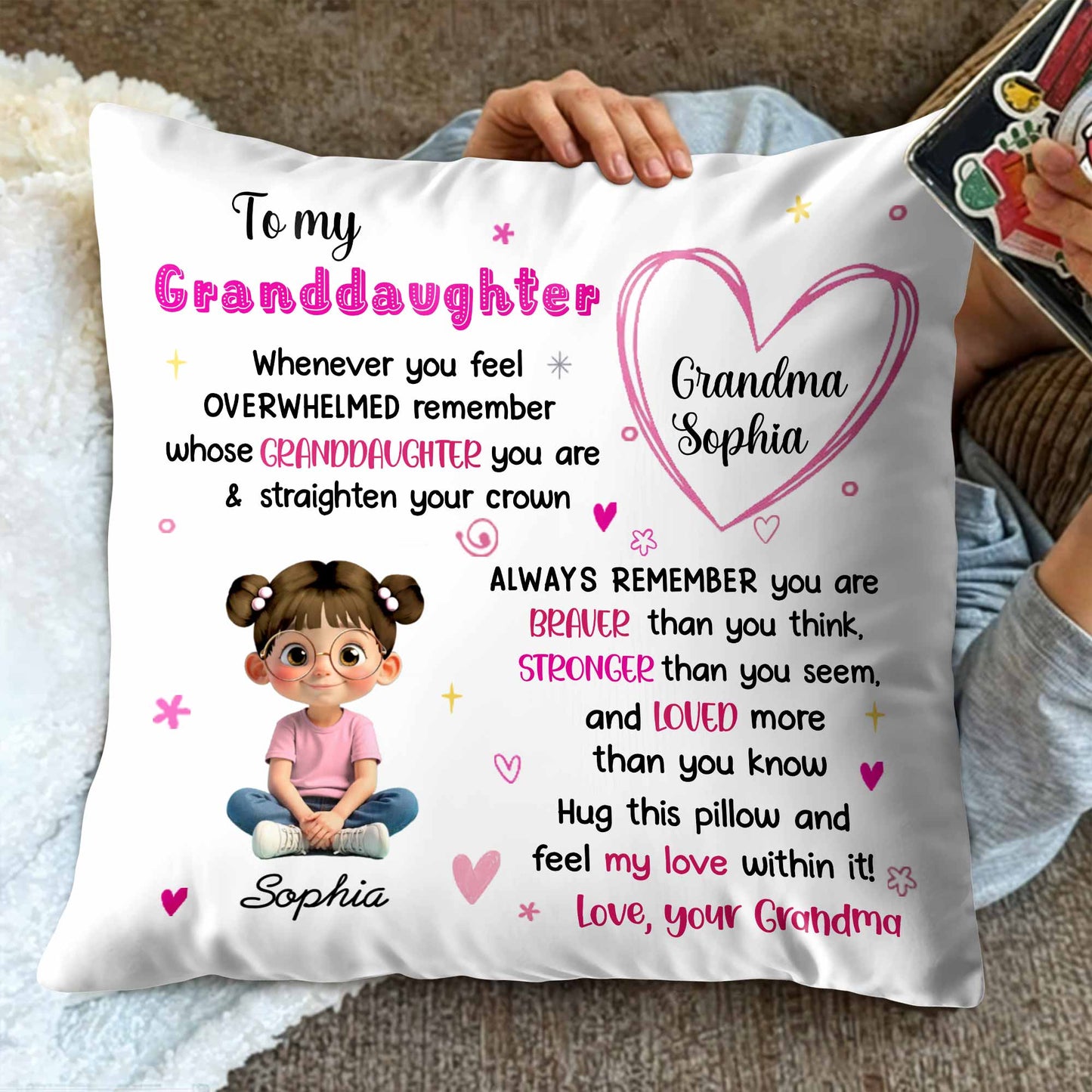 To My Granddaughter, Feel My Love, Heart and Cartoon Girl - Personalized Custom Pillow, Insert Included - GDT427_PLW