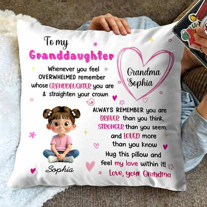To My Granddaughter, Feel My Love, Heart and Cartoon Girl - Personalized Custom Pillow, Insert Included - GDT427_PLW