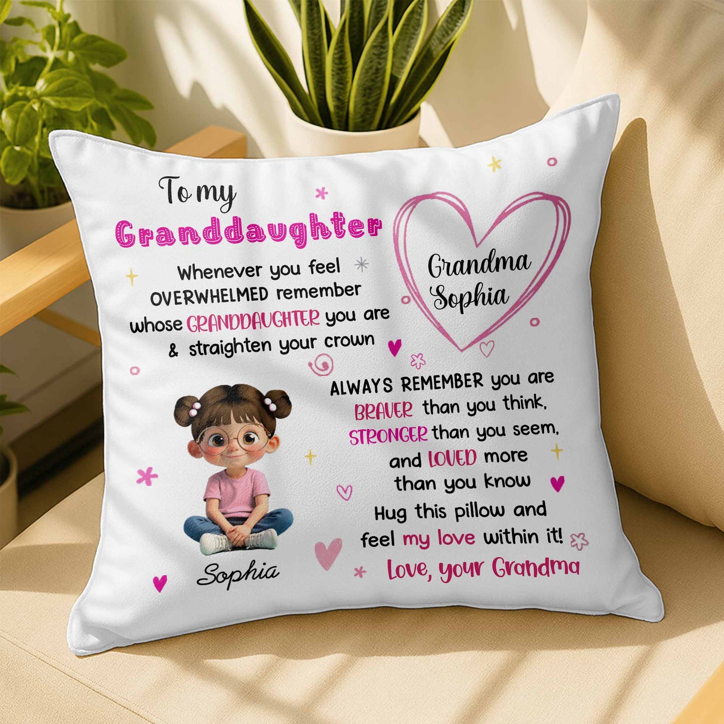 To My Granddaughter, Feel My Love, Heart and Cartoon Girl - Personalized Custom Pillow, Insert Included - GDT427_PLW