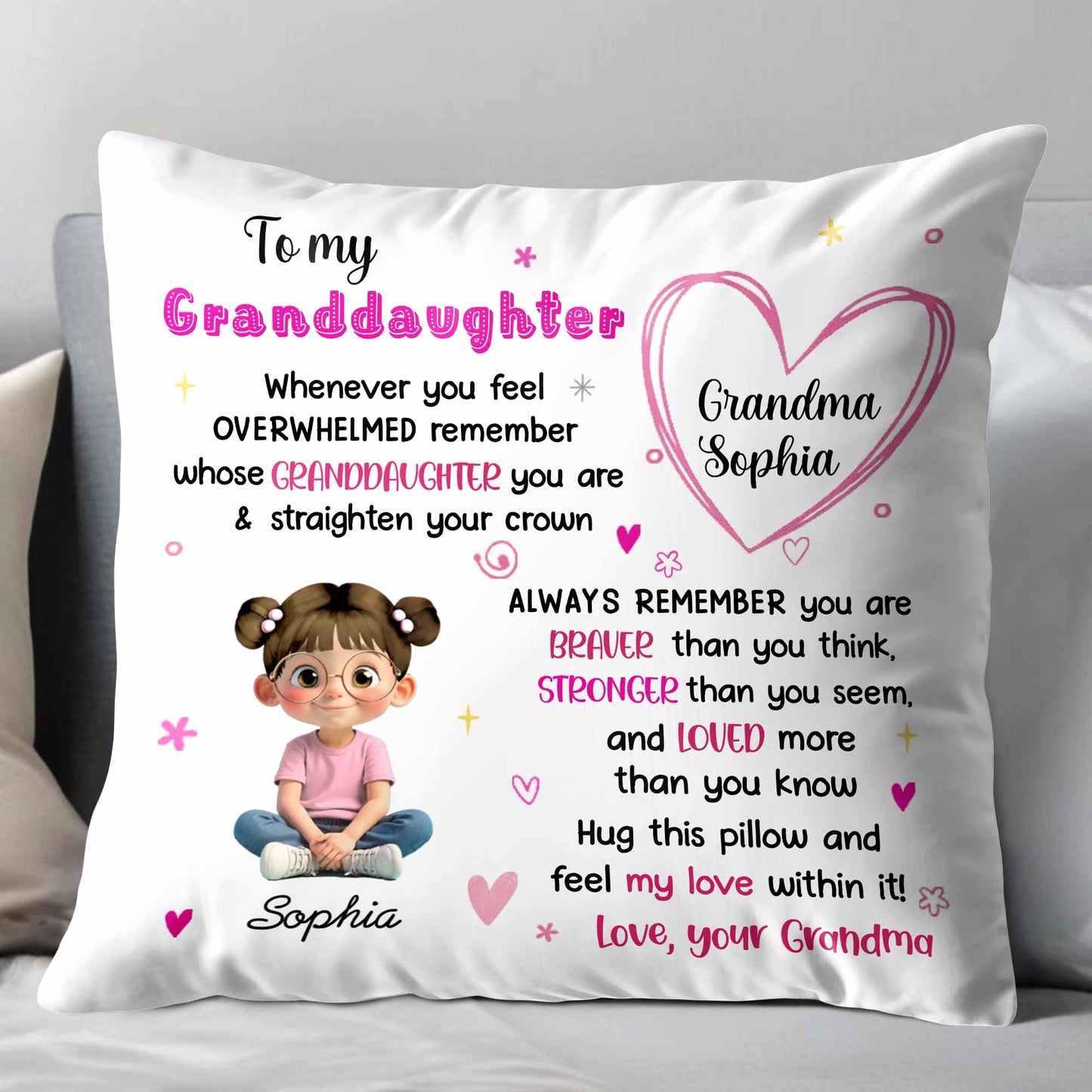 To My Granddaughter, Feel My Love, Heart and Cartoon Girl - Personalized Custom Pillow, Insert Included - GDT427_PLW