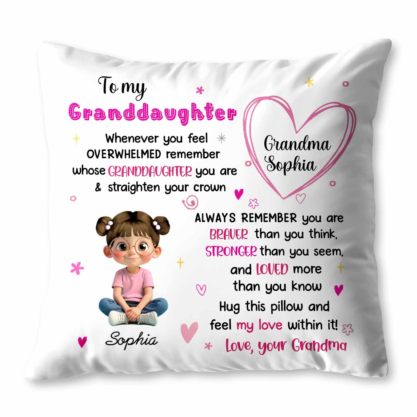 To My Granddaughter, Feel My Love, Heart and Cartoon Girl - Personalized Custom Pillow, Insert Included - GDT427_PLW