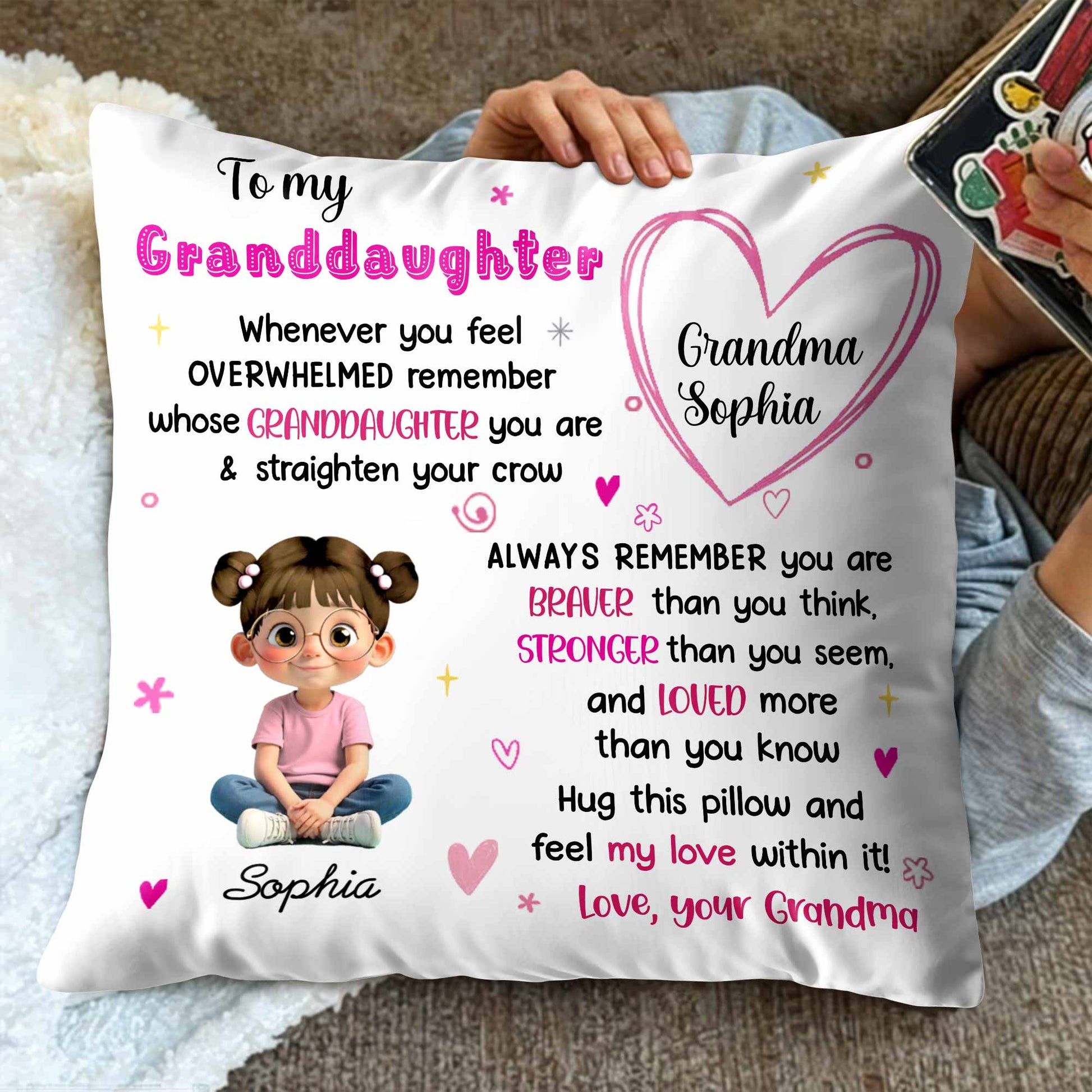 To My Granddaughter, Feel My Love, Heart and Cartoon Girl