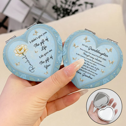 To My Granddaughter, Butterflies and Heart Shape - Custom Heart Compact Mirror - GDT436_HCOM