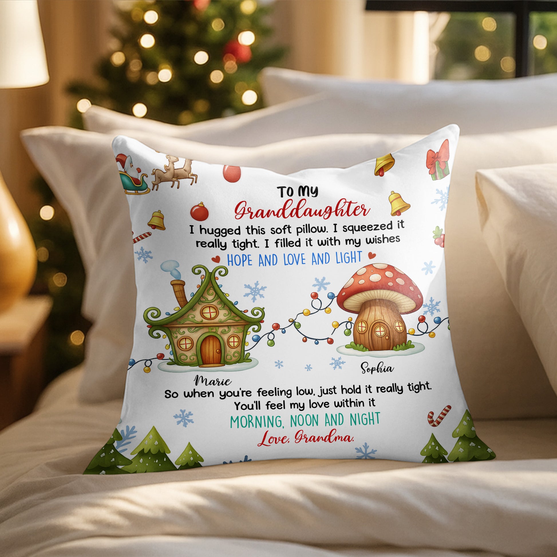I Hugged This Soft Pillow With Christmas Lights and Gifts