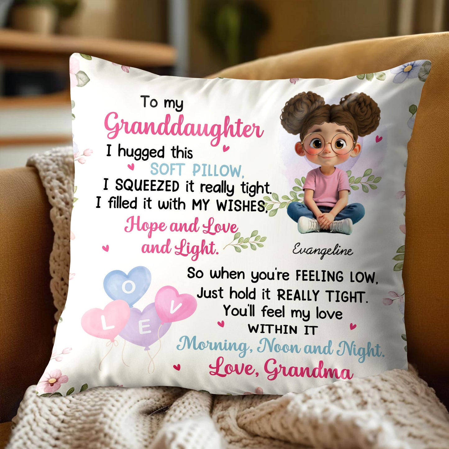 To My Granddaughter, Girl, Hearts, Flowers On Pillow