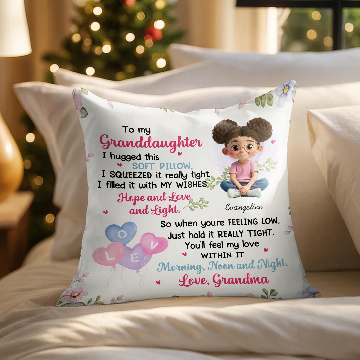 To My Granddaughter, Girl, Hearts, Flowers On Pillow