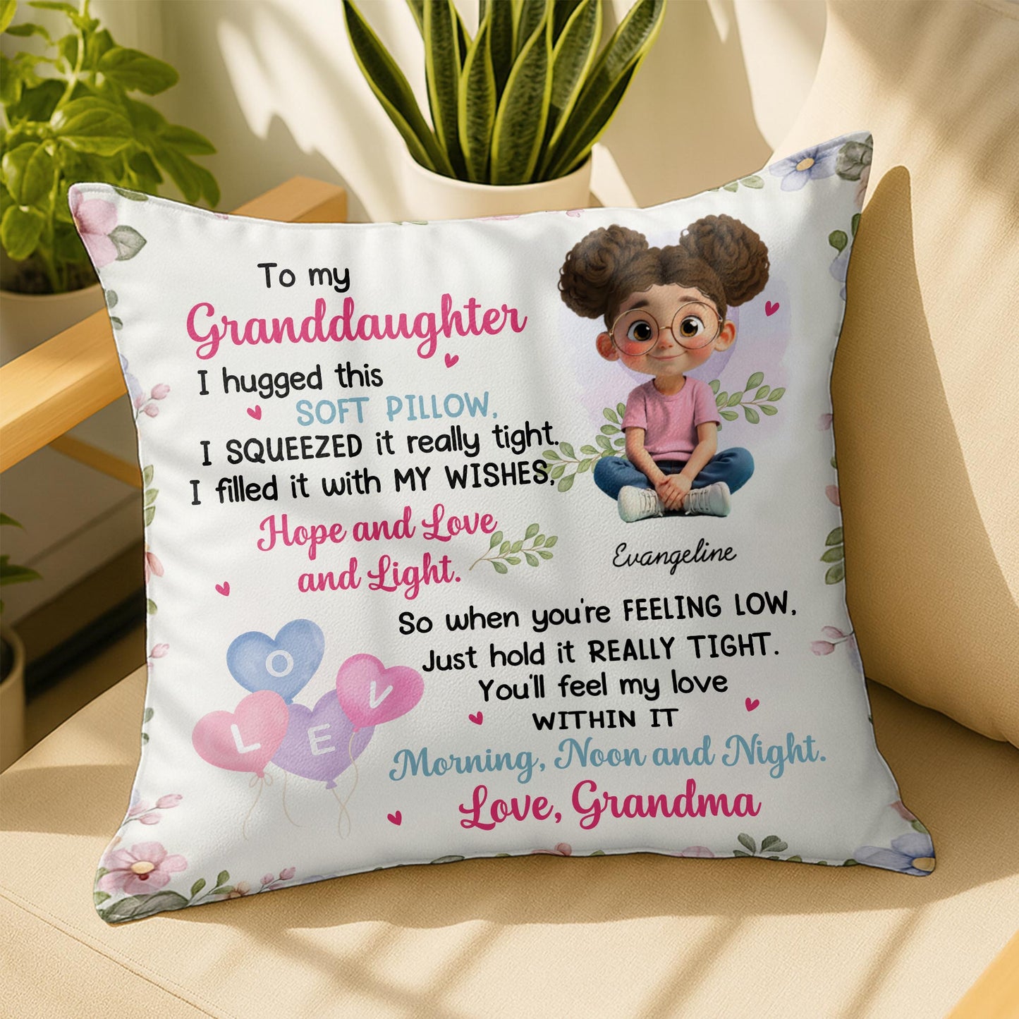 To My Granddaughter, Girl, Hearts, Flowers On Pillow