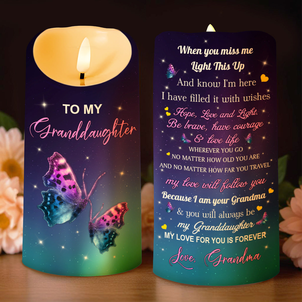To My Granddaughter, LED Candle With Butterflies And Stars
