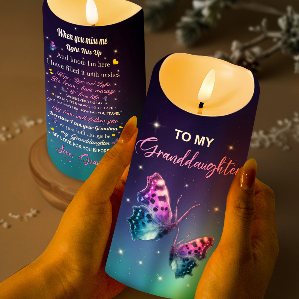 To My Granddaughter, LED Candle With Butterflies And Stars