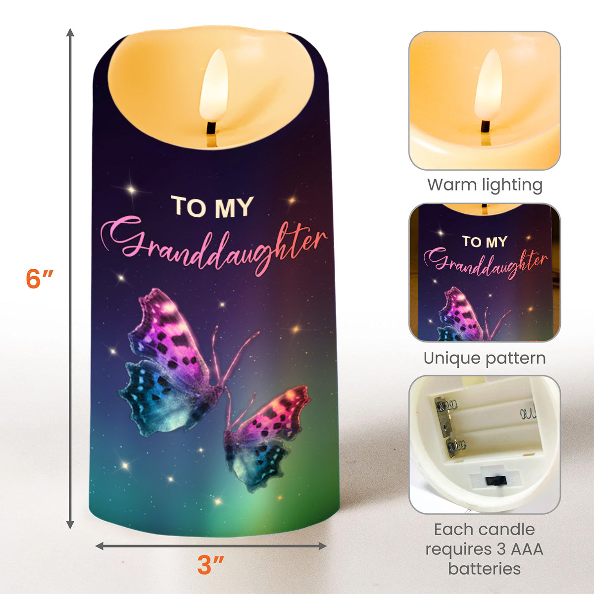 To My Granddaughter, LED Candle With Butterflies And Stars