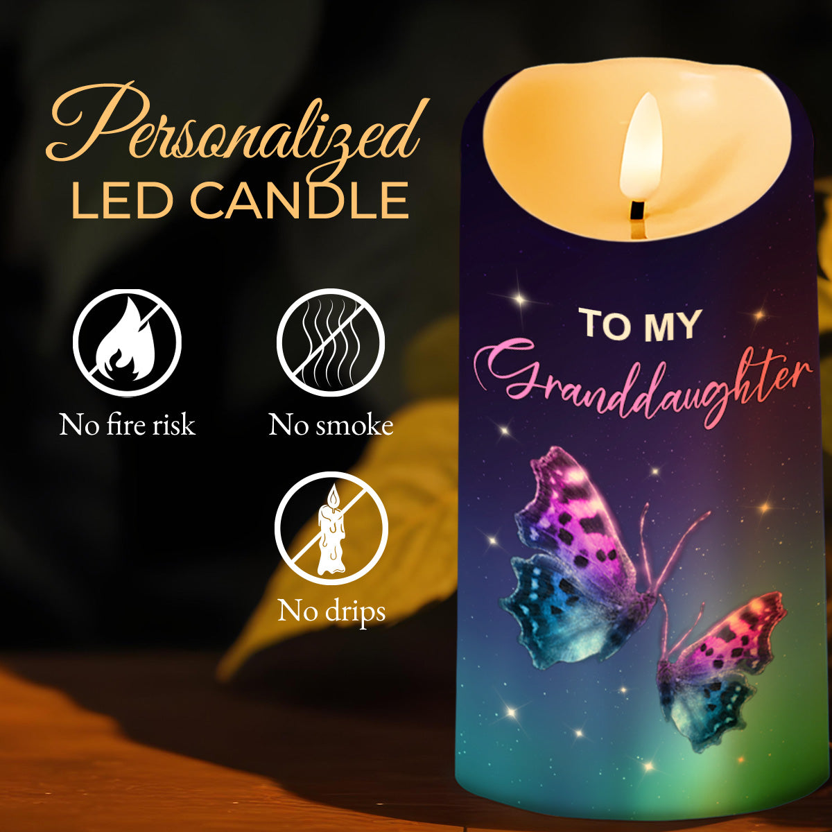 To My Granddaughter, LED Candle With Butterflies And Stars