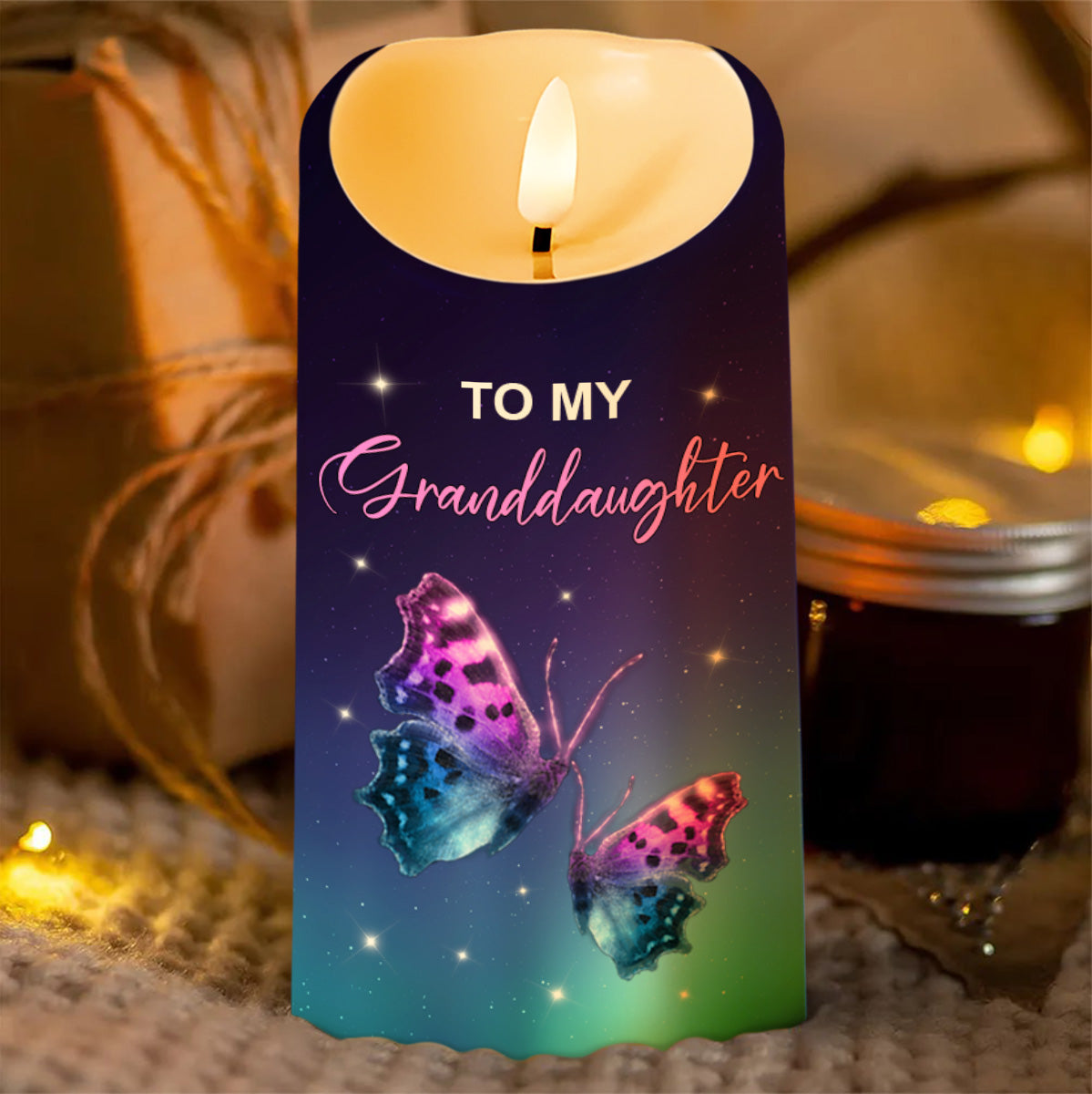 To My Granddaughter, LED Candle With Butterflies And Stars