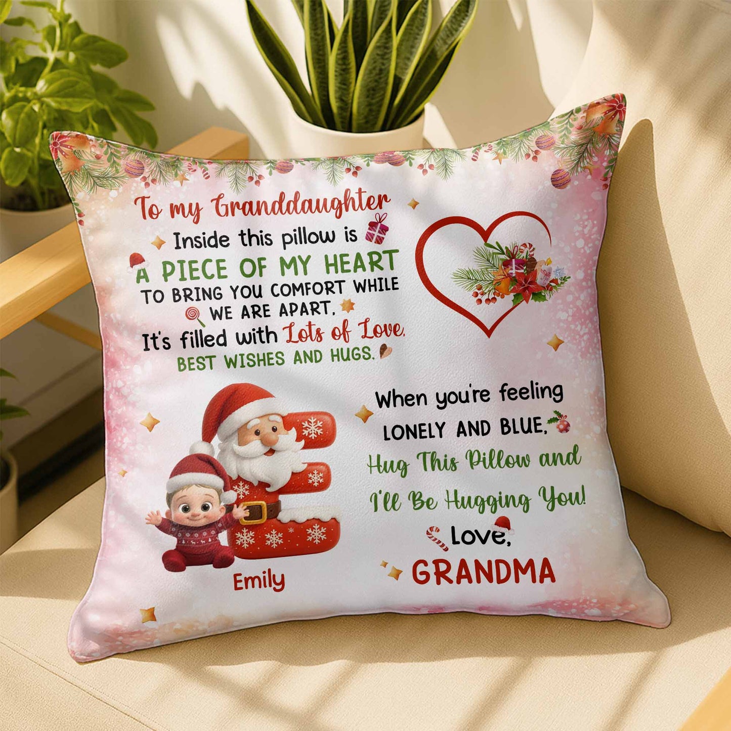 To My Granddaughter, A Piece Of My Heart Pillow With Santa And Elf