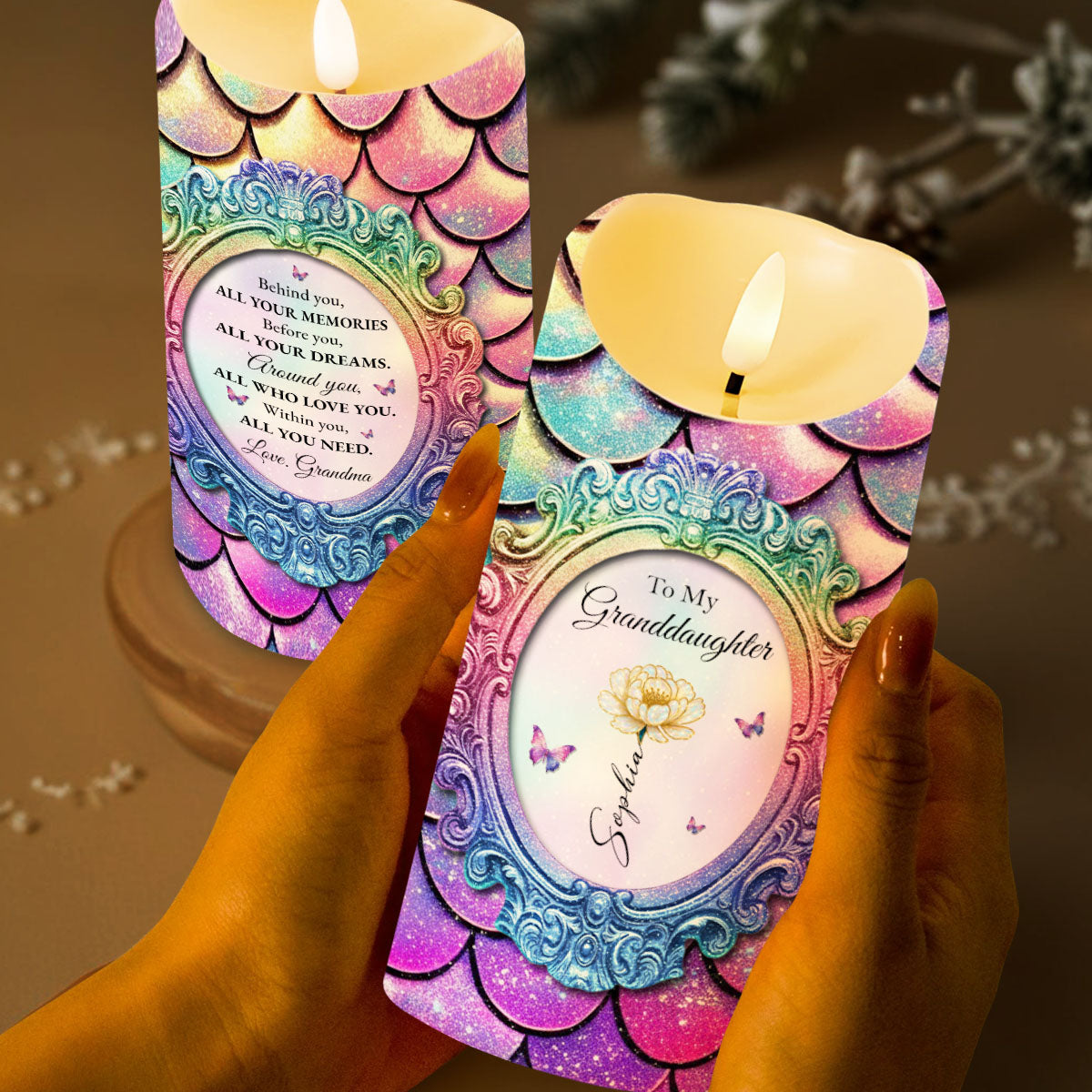 Behind You, All Your Memories, Butterflies And Flowers - Personalized Custom LED Candle - GDT512_LECA