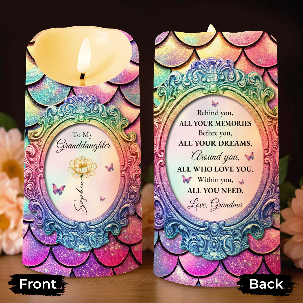 Behind You, All Your Memories, Butterflies And Flowers - Personalized Custom LED Candle - GDT512_LECA