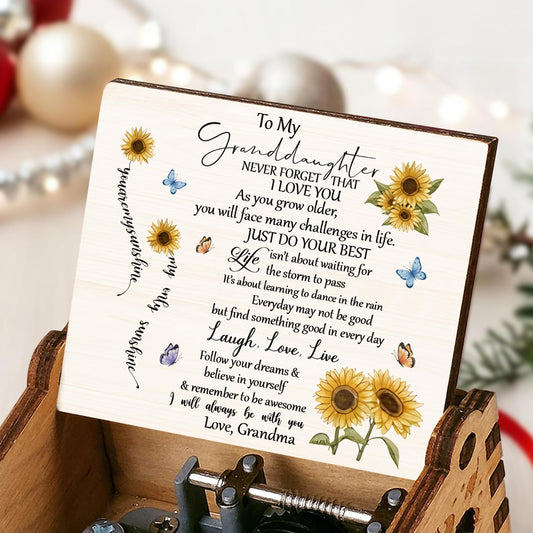 To My Granddaughter, Sunflowers And Butterflies - Custom Music Box With "You Are My Sunshine" Tune - GDT529_MZB