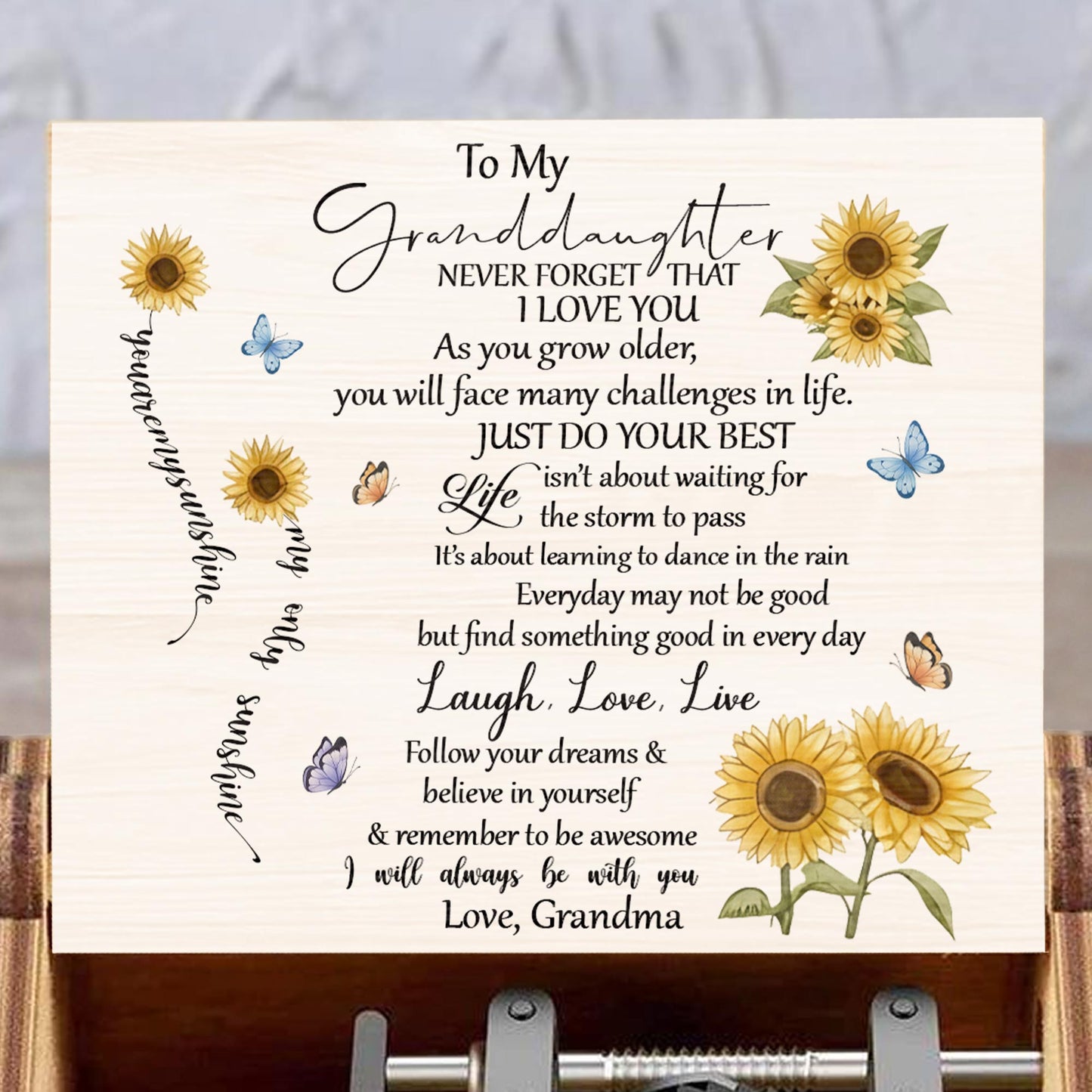 To My Granddaughter, Sunflowers And Butterflies - Custom Music Box With "You Are My Sunshine" Tune - GDT529_MZB