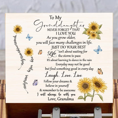 To My Granddaughter, Sunflowers And Butterflies - Custom Music Box With "You Are My Sunshine" Tune - GDT529_MZB
