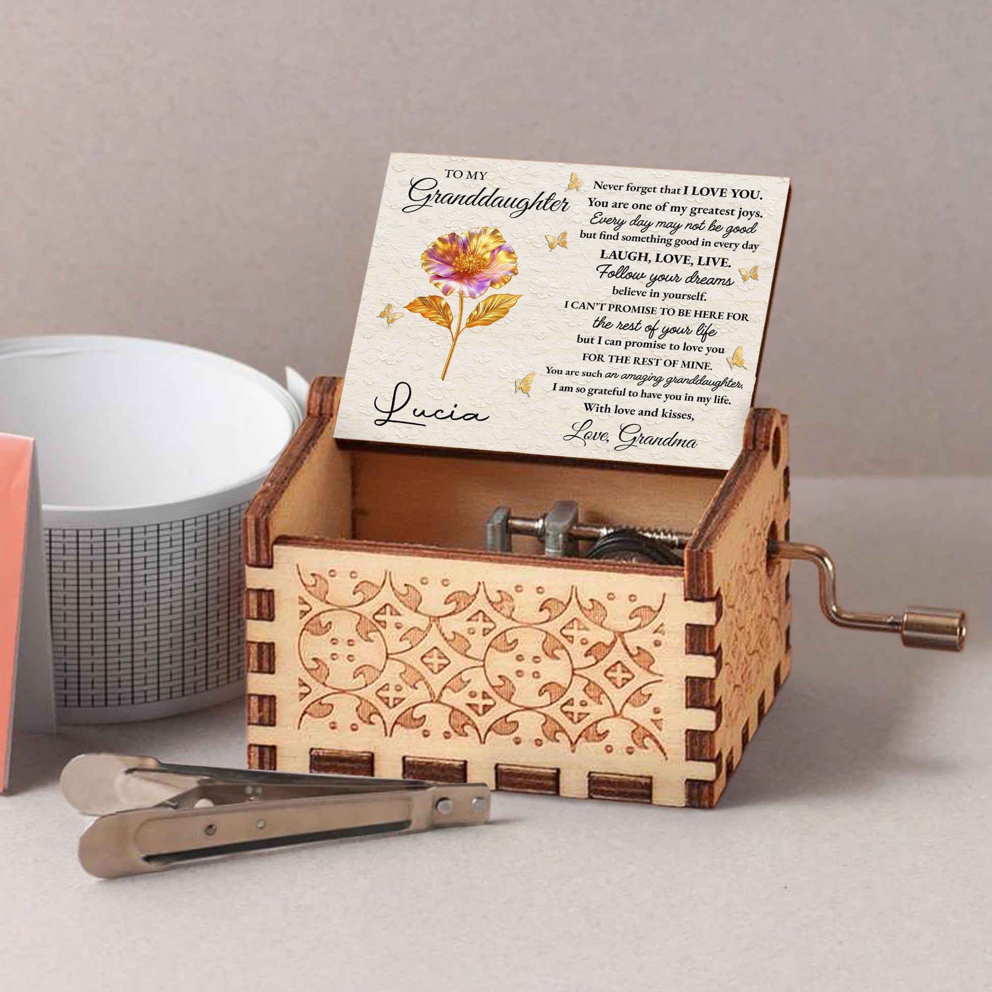 To My Granddaughter, Flowers And Butterflies Music Box