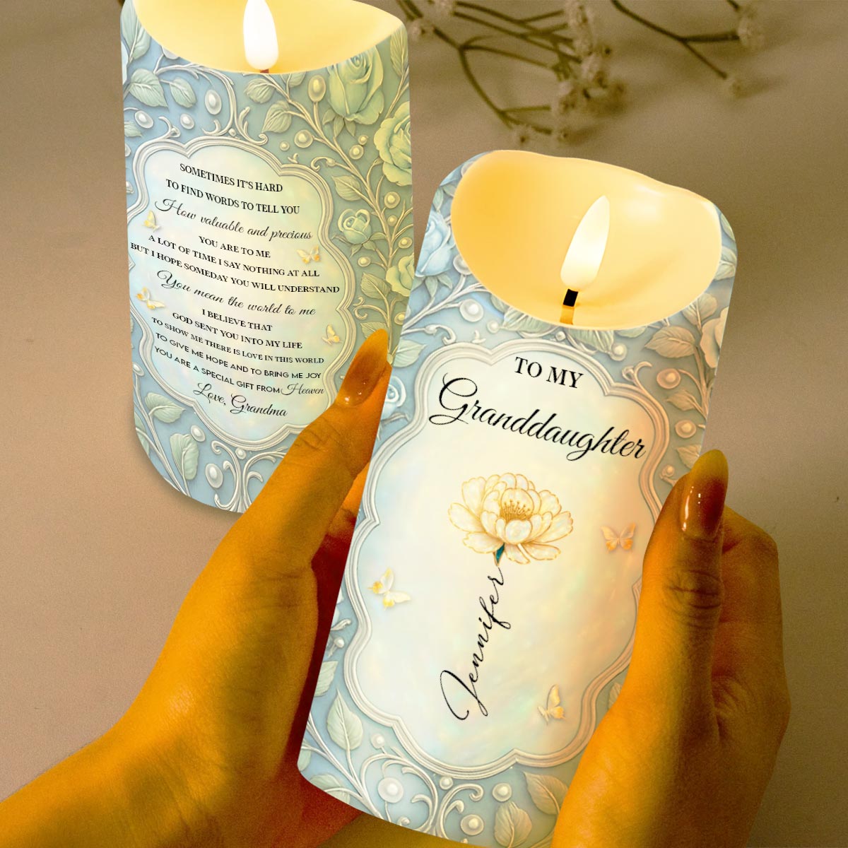 To My Daughter, Flowers and Butterflies - Personalized Custom LED Candle - GDT564_LECA