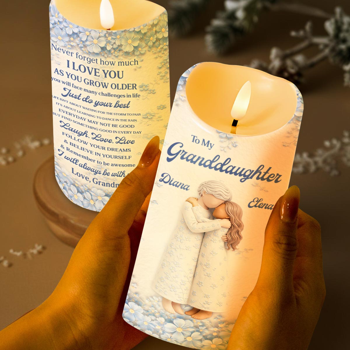 To My Granddaughter, Floral Grandmother And Granddaughter Embrace - Personalized Custom LED Candle - GDT571_LECA