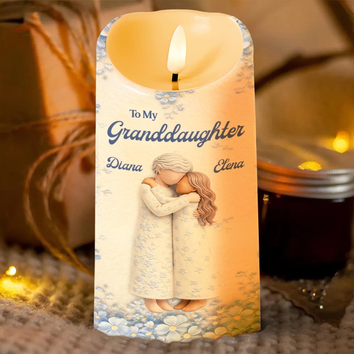 To My Granddaughter, Floral Grandmother And Granddaughter Embrace - Personalized Custom LED Candle - GDT571_LECA